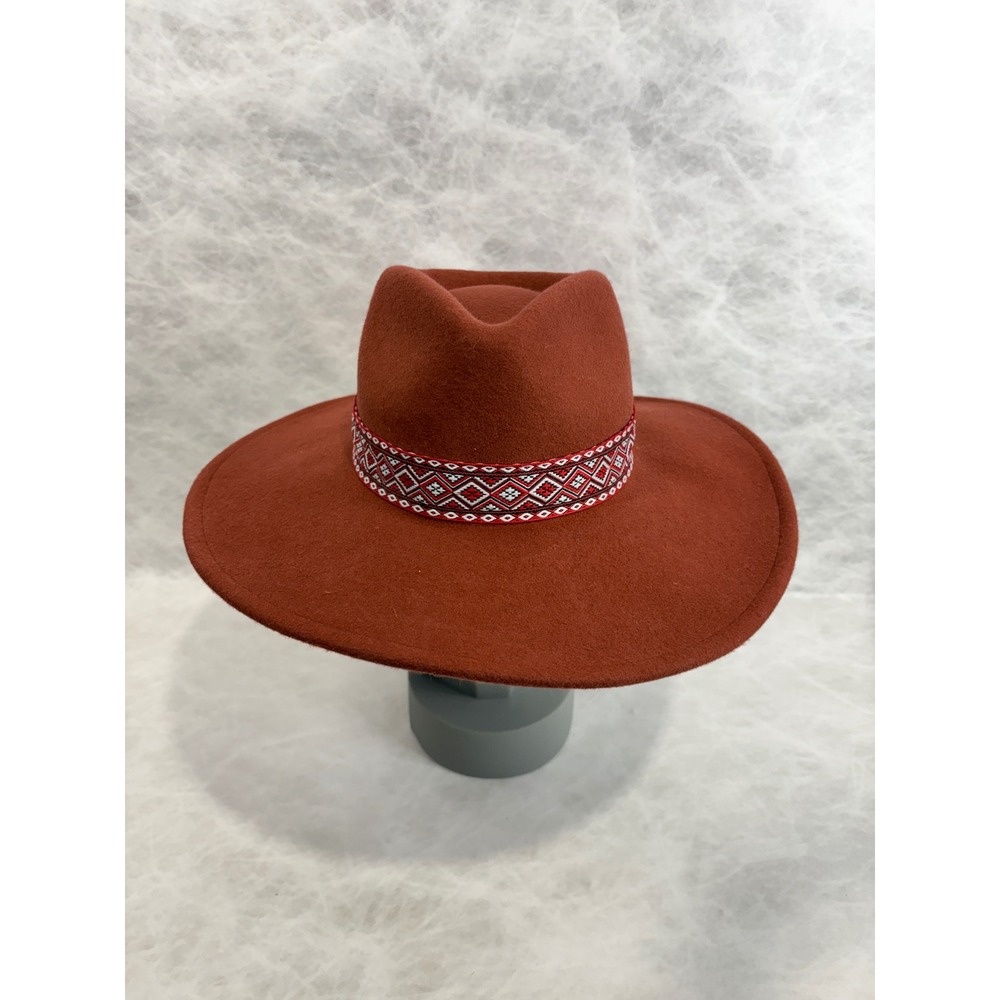 Universal Thread Rust Orange 100% Wool Wide Brim Fedora Hat Embroidered Band